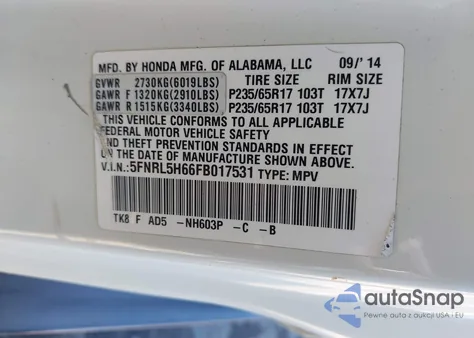 2015 Honda Odyssey Ex-L из США, поврежденный, VIN 5FNRL5H66FB017531